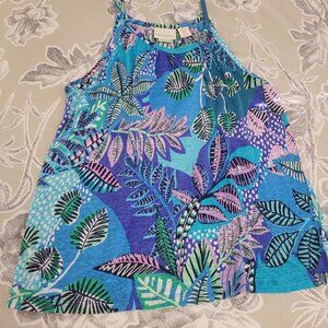 Cynthia Rowley Blue Print Linen Halter Style Sleeveless Tank Top Medium EUC